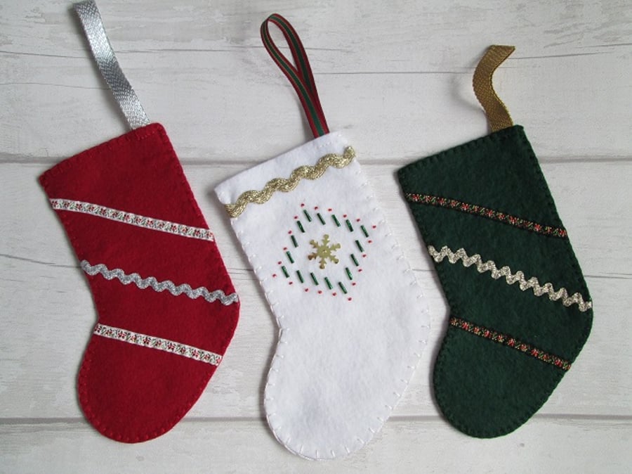 SOLD - SALE - Set of Three Small Felt Christmas Stockings in Traditional Colours