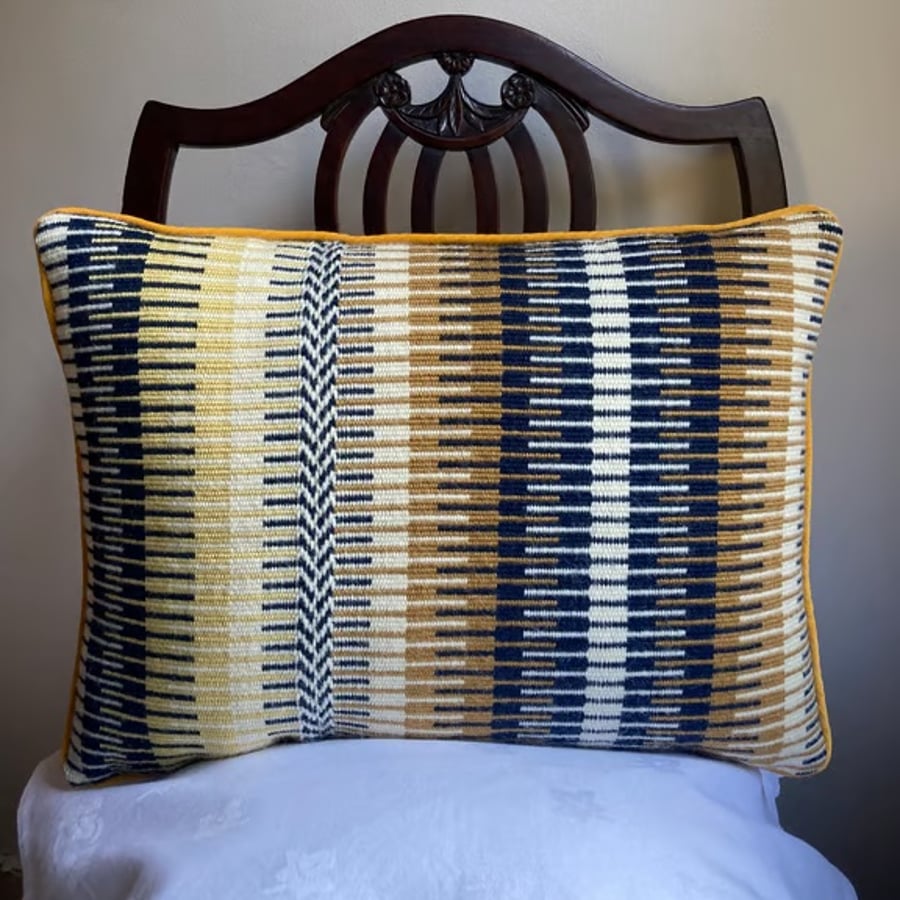Image of Rosanna cushion: Golden & Midnight Blue. Handwoven in Wales