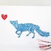 Handprinted Blue fox and heart valentine's card