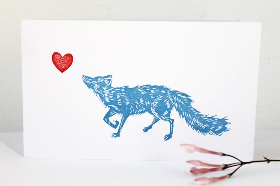 Handprinted Blue fox and heart valentine's card