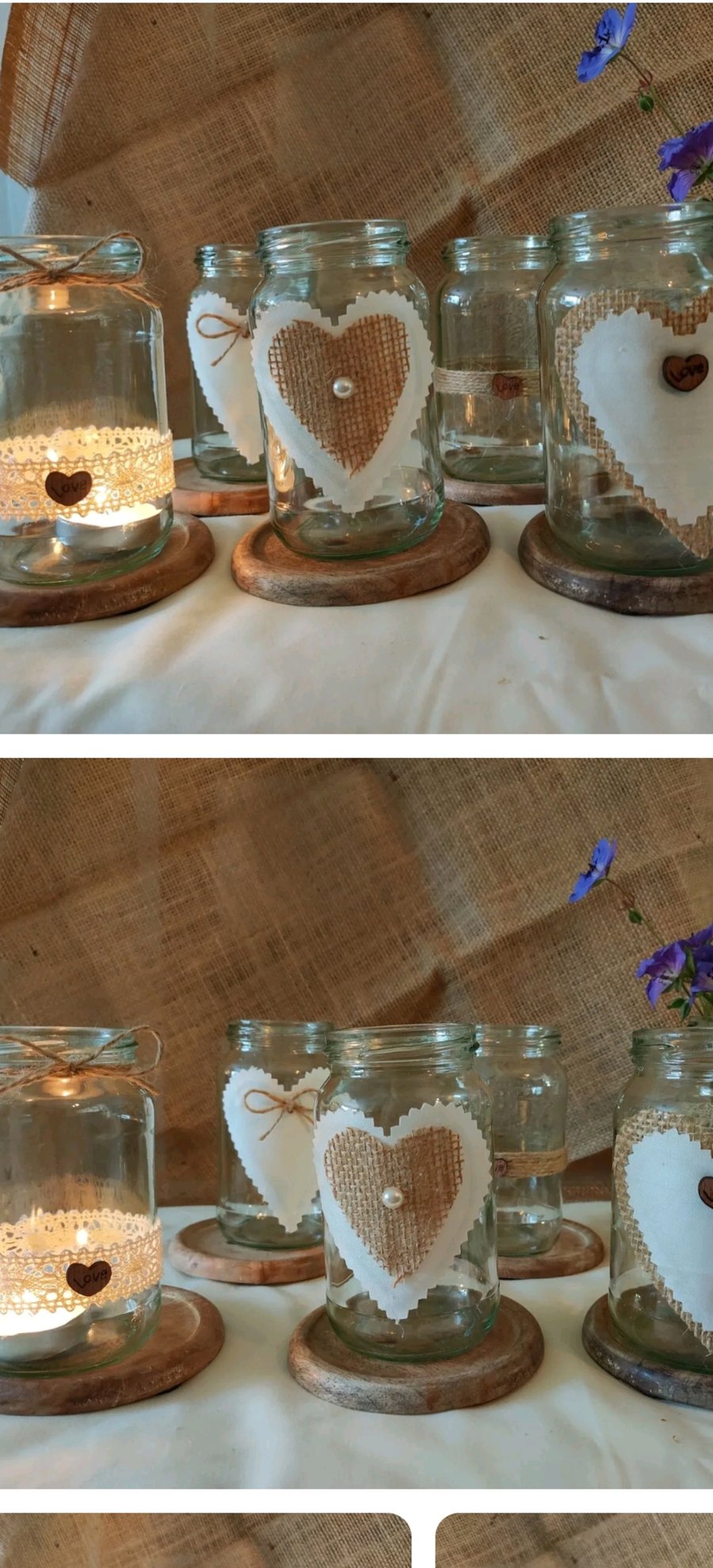 6 wedding Jam Jar sized hand decorated table decorations for flowers Rustic vint