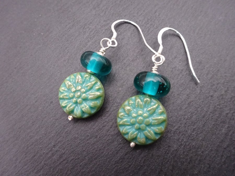 teal green dahlia lampwork glass earrings