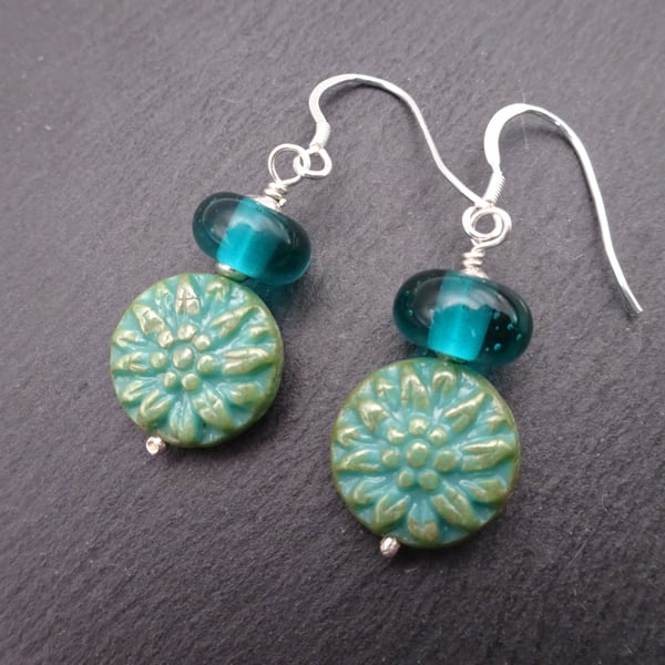 teal green dahlia lampwork glass earrings