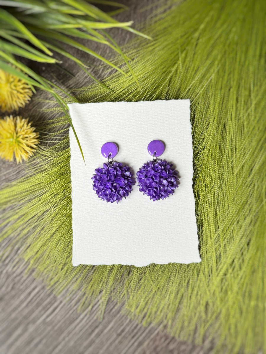 Purple Hydrangea Flower Polymer Clay Earrings