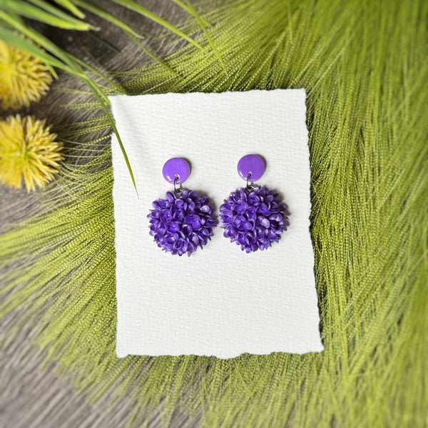 Purple Hydrangea Flower Polymer Clay Earrings
