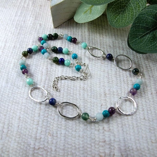 Silver Gemstone Necklace. Mixed Blue, Green and Purple Gemstones.