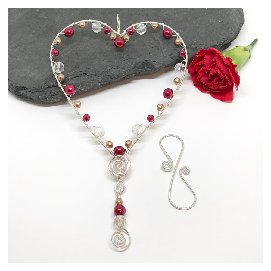 Silver Heart Decoration,  Deep Pink and Gold Pearls and Clear Crystals 