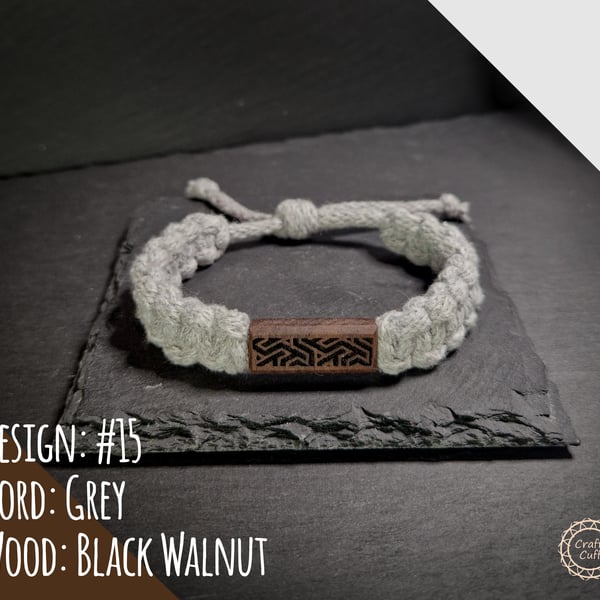 Aztec Engraved African Walnut - Braided Cotton Bracelet 3mm  