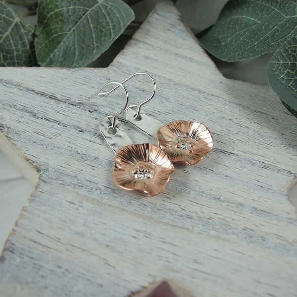 Poppy Earrings, Sterling Silver and Copper Flower Droppers