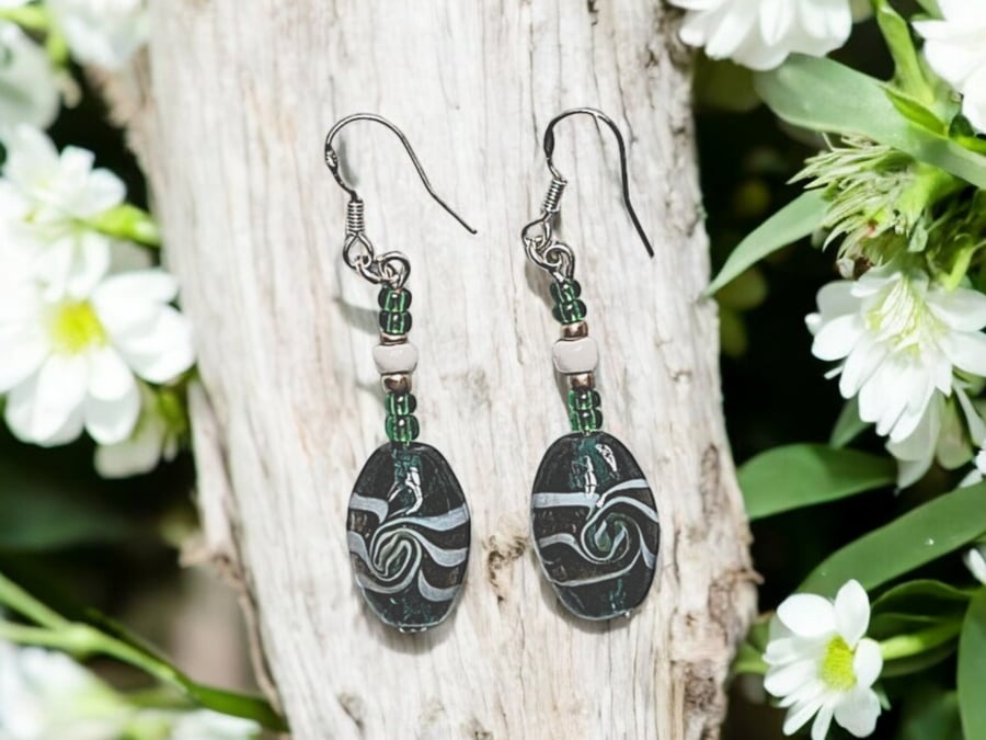 Green swirly lampwork earrings, glass bead jewellery, glass bead earrings, green