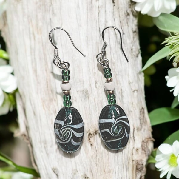 Green swirly lampwork earrings, glass bead jewellery, glass bead earrings, green