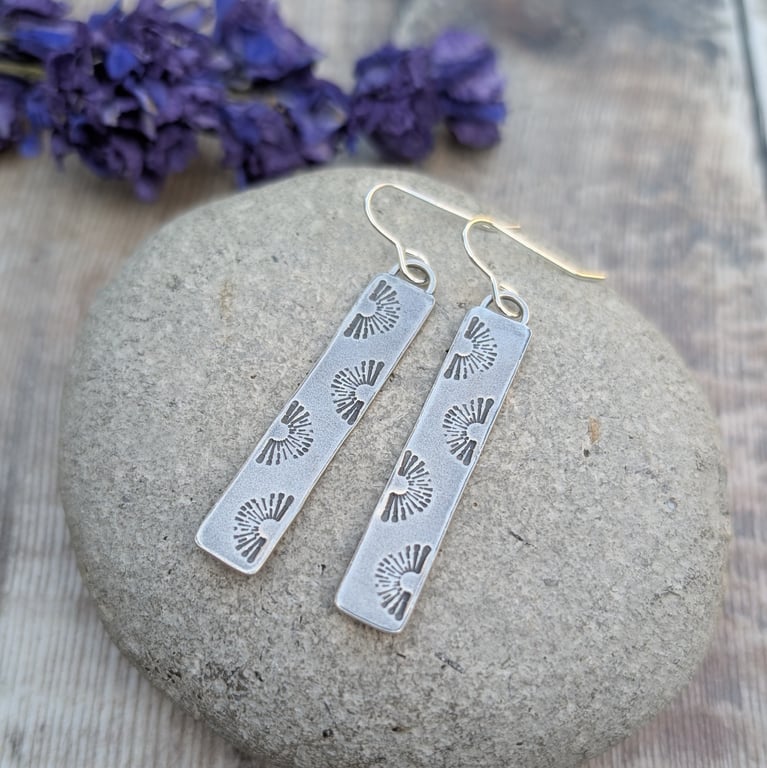 Sterling Silver Long Rectangle Sunburst Patterned Earrings - JBJ1066