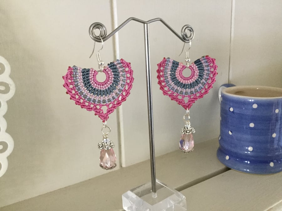 Pretty pink beaded festival fan macrame earrings, boho earrings, valentine gift