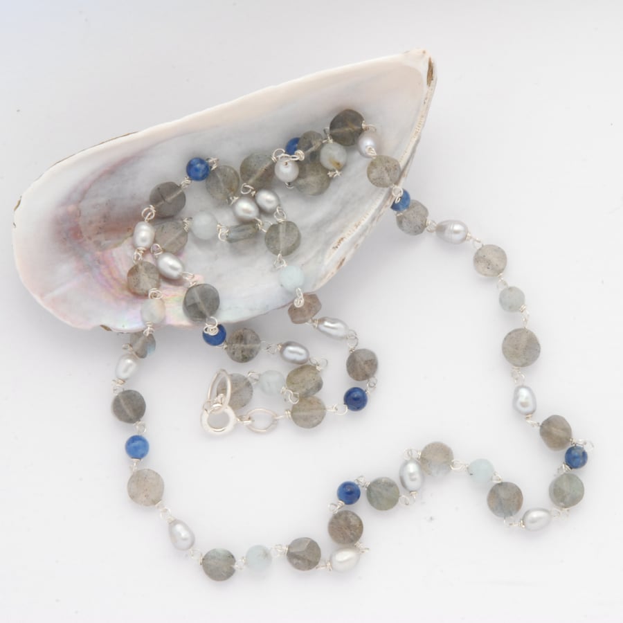 Delicate grey pearl, labradorite and aquamarine beaded necklace