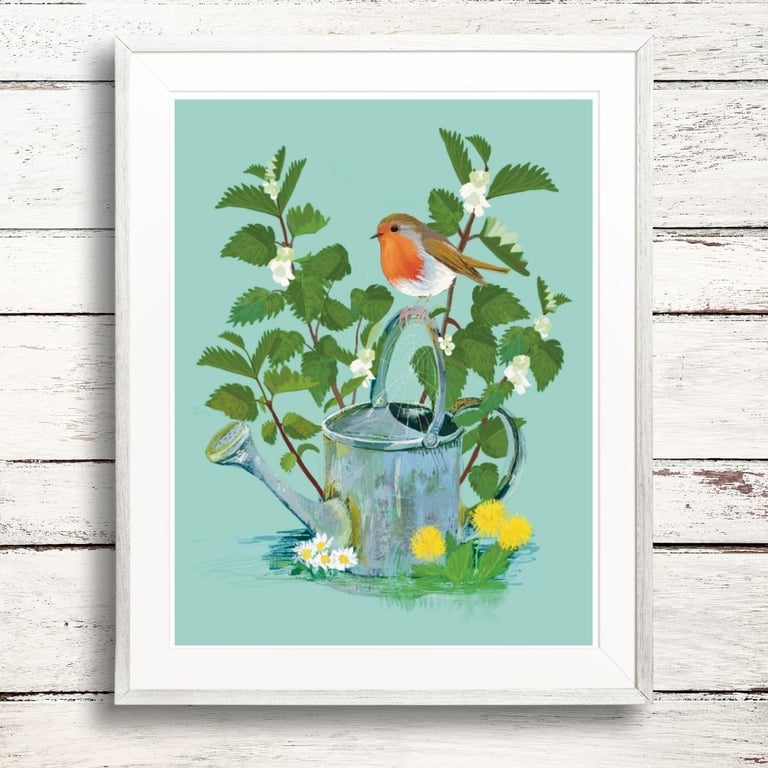 Bird Art Print - Mounted art The Nettle Patch Robin