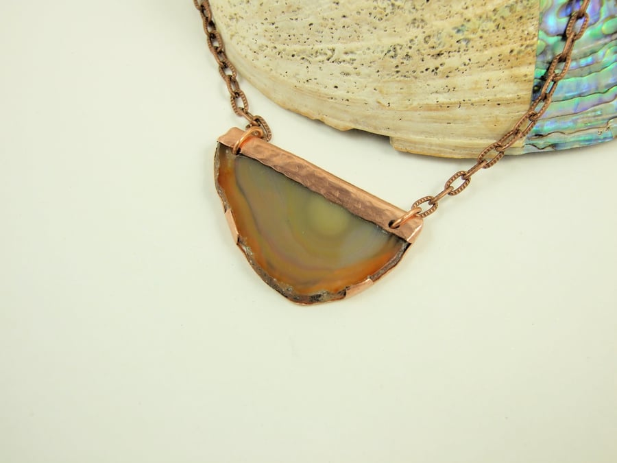 Natural Agate Slice Captured in Copper, Pendant Bar Necklace