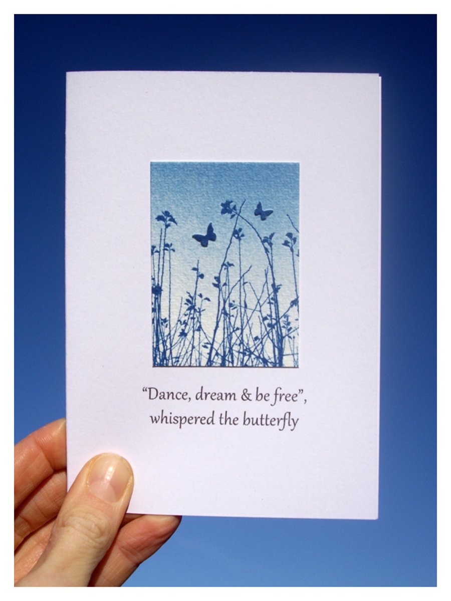 '“Dance, dream & be free”, whispered the butterfly', Blue Cyanotype Card 