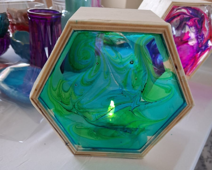 Handmade epoxy resin and wood lightbox. Green and blue 