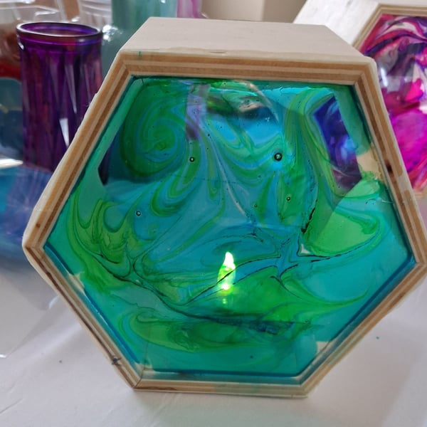 Handmade epoxy resin and wood lightbox. Green and blue 