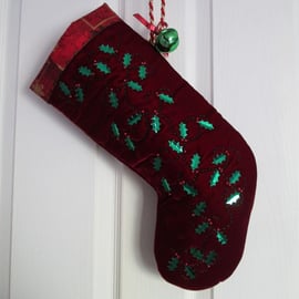 'Holly Scroll' Luxury Red Velvet Stocking with Sequins, Beads and Embroidery