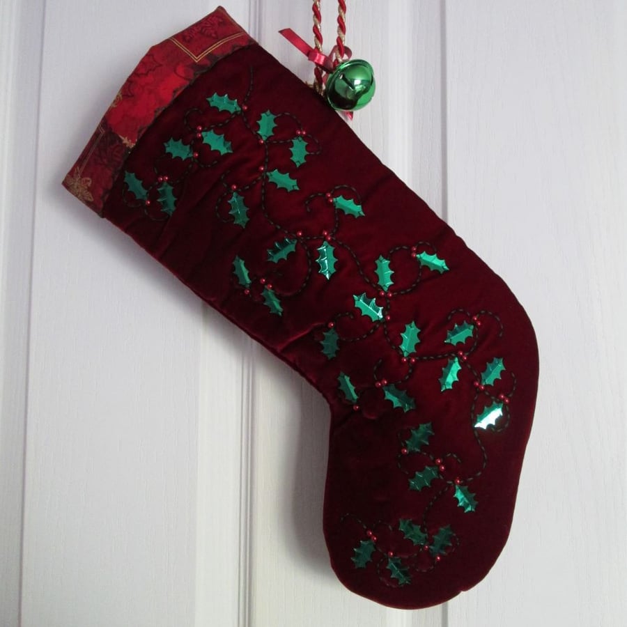 SOLD Holly Scroll Luxury Red Velvet Stocking with Sequins, Beads and Embroidery