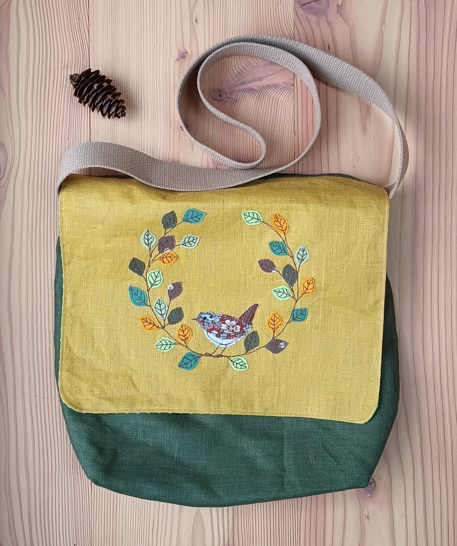 Linen Messenger Bag with Embroidered Wren and Leaf Wreath