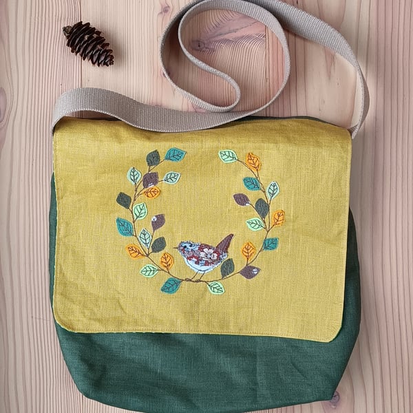 Linen Messenger Bag with Embroidered Wren and Leaf Wreath