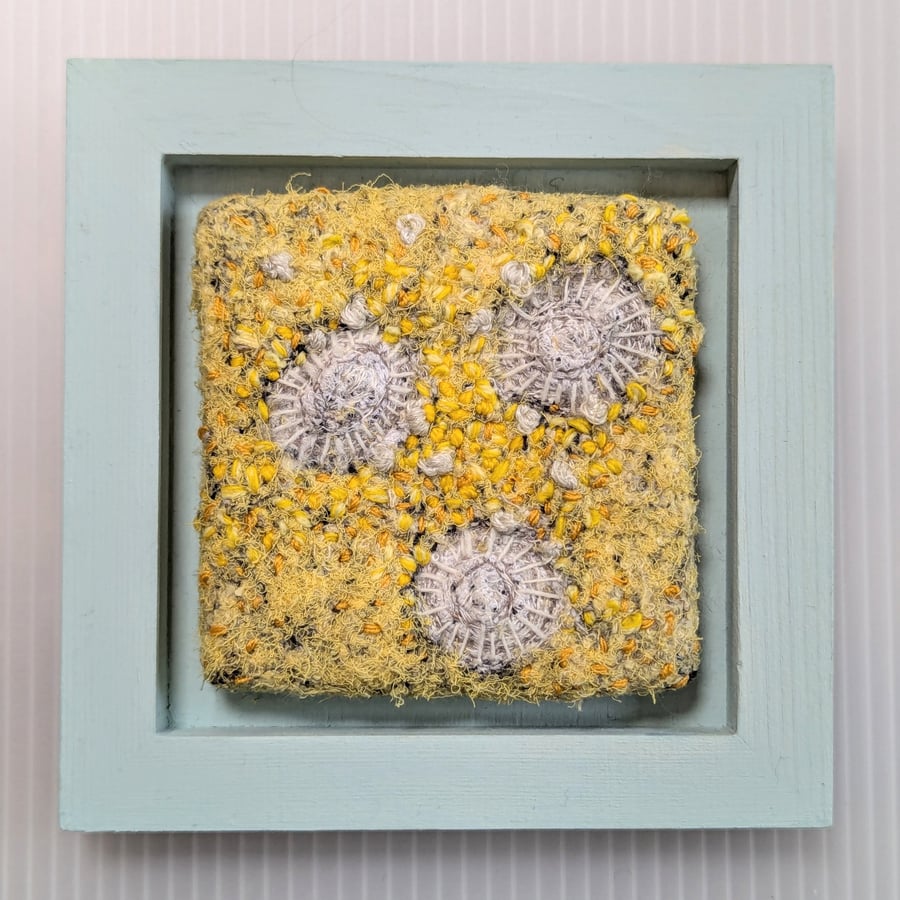Yellow Coastal Textile Art in Duck Egg Painted 5" wooden frame.