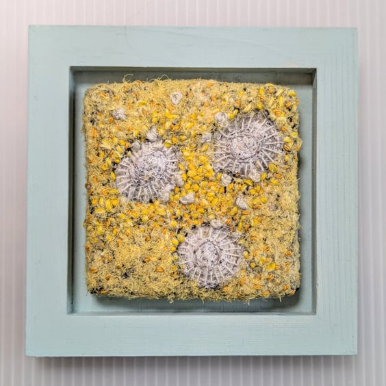 Yellow Coastal Textile Art in Duck Egg Painted 5" wooden frame.
