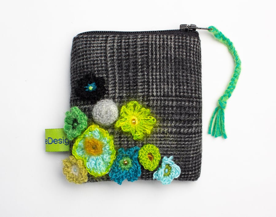 Prince of Wales check coin purse with crochet flowers
