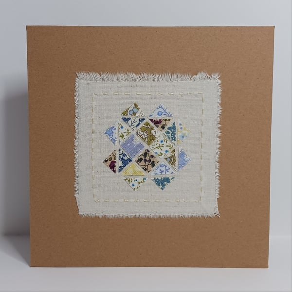 A Patchwork of vintage fabrics hand stitched card - optional greeting