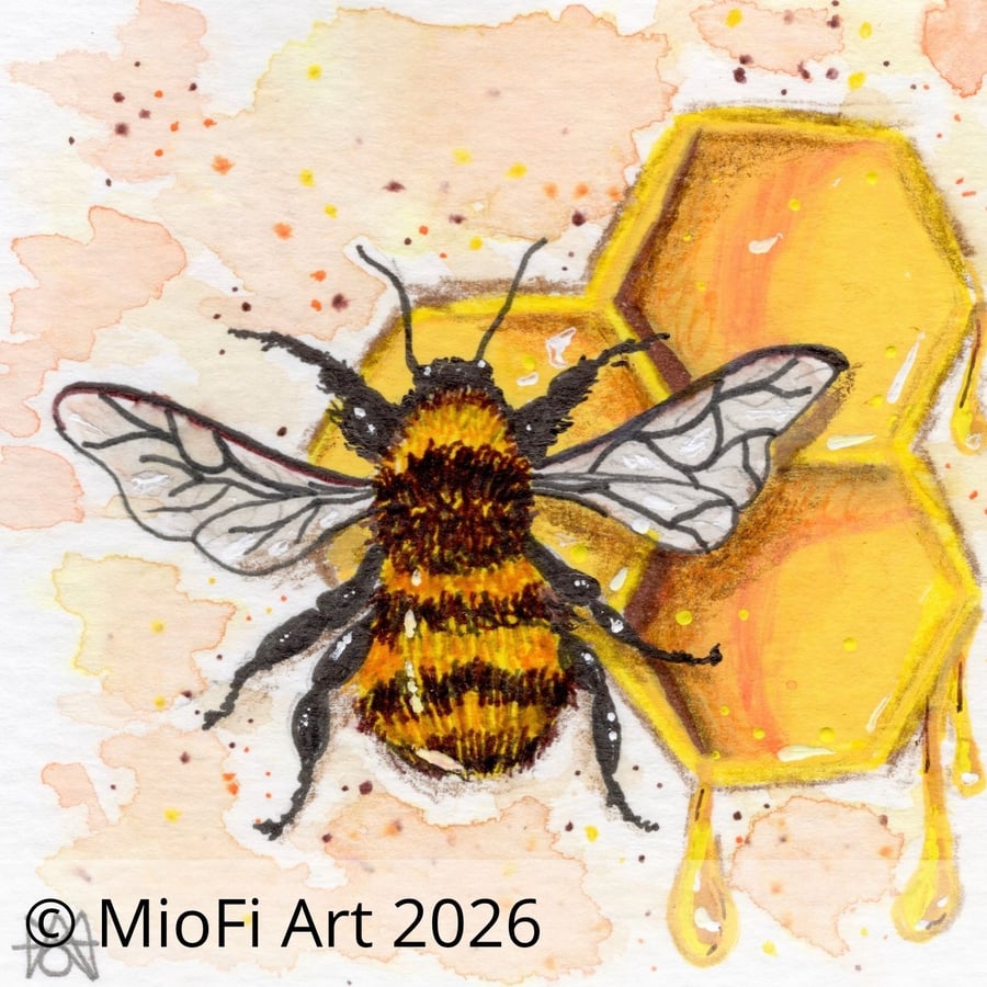 Orange Bee Mixed-Media Square Printm Size Small (other size available)