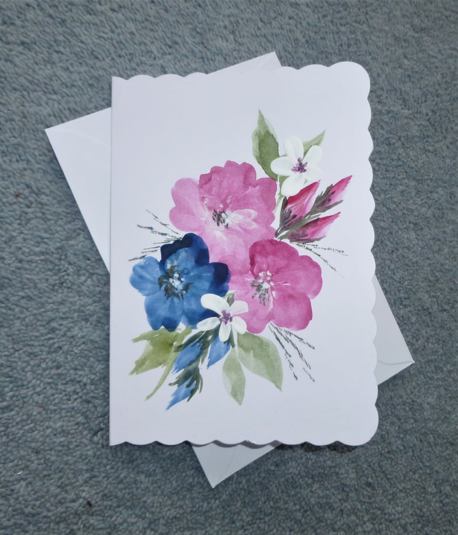 original art hand painted floral blank greetings card ( ref F356.B5 )