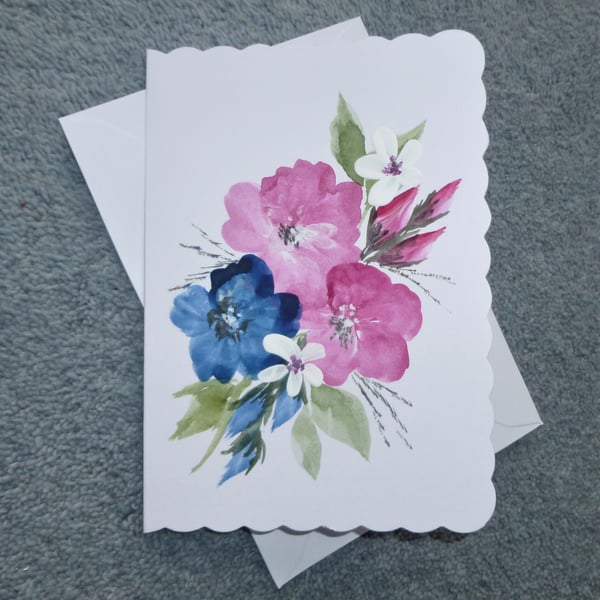 original art hand painted floral blank greetings card ( ref F356.B5 )