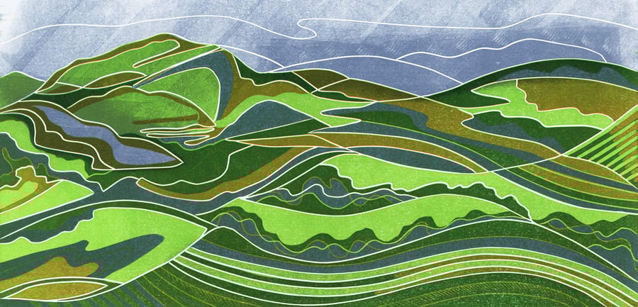 Storm Brewing, a linocut of Welsh hills.