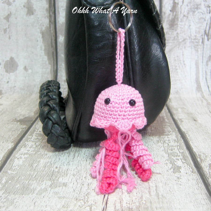 Pink crochet jellyfish hanging decoration, bag charm, scissor keeper 