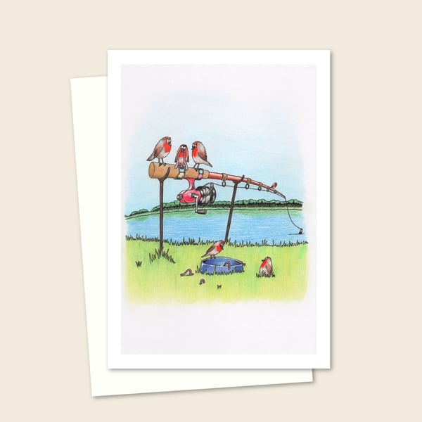 River Bank Greeting Card, Robins on a Fishing Rod Pencil Illustration (212)
