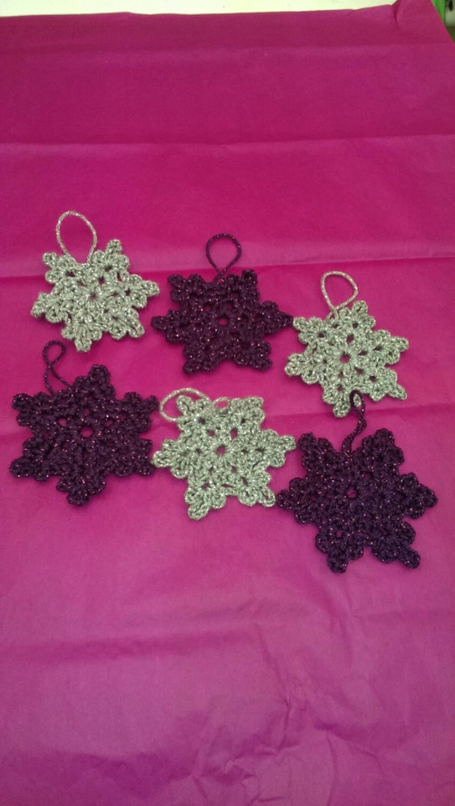 Purple and silver snowflake Christmas tree decorations
