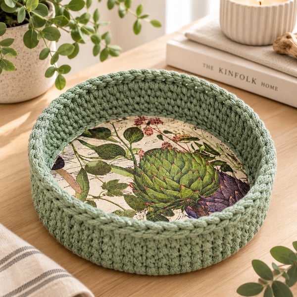 Handmade Crochet Basket with Decoupage Wooden Base - Sage Green Storage Organize