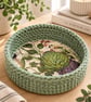 Handmade Crochet Basket with Decoupage Wooden Base - Sage Green Storage Organize