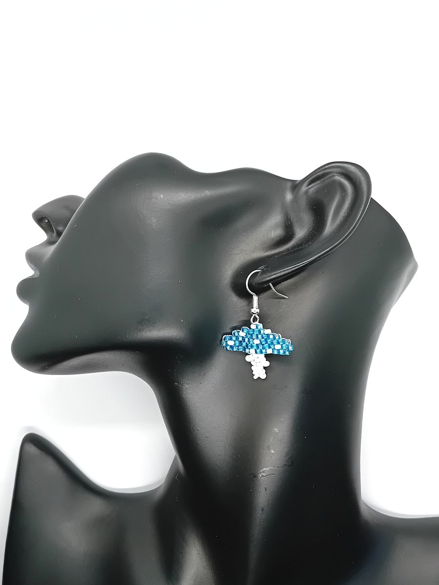 Blue and white magic mushroom earrings