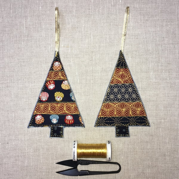 Red and Blue Japanese Fabric Christmas Tree Decorations Christmas Card