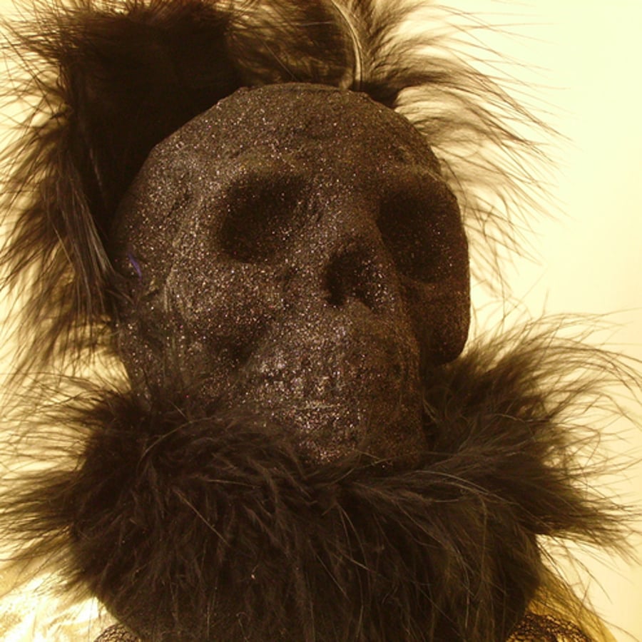 Steampunk gothic black glitter skull feather fascinator