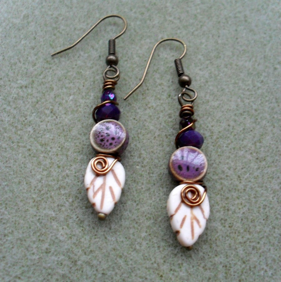 Leaf Earrings Purple Ceramic Beads Vintage Earrings