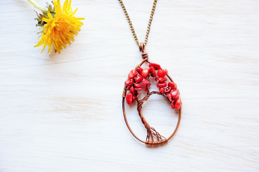 Red coral necklace, Tree of life, Tree necklace, Copper anniversary, Artisan 