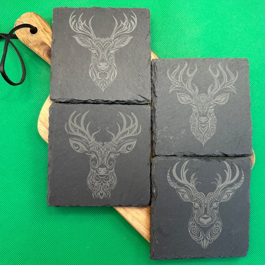 Set of 4 natural slate coasters with mandala stags head designs