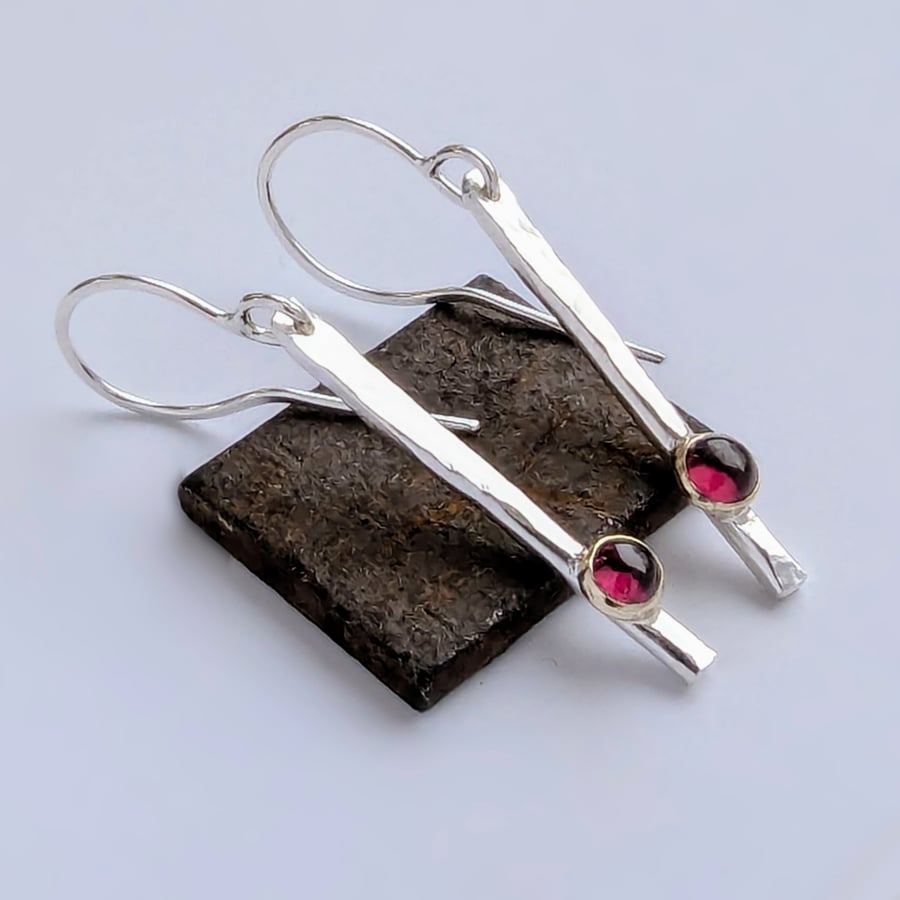 STERLING SILVER and Gold Garnet Dangle earrings, Handmade Urban Jewellery
