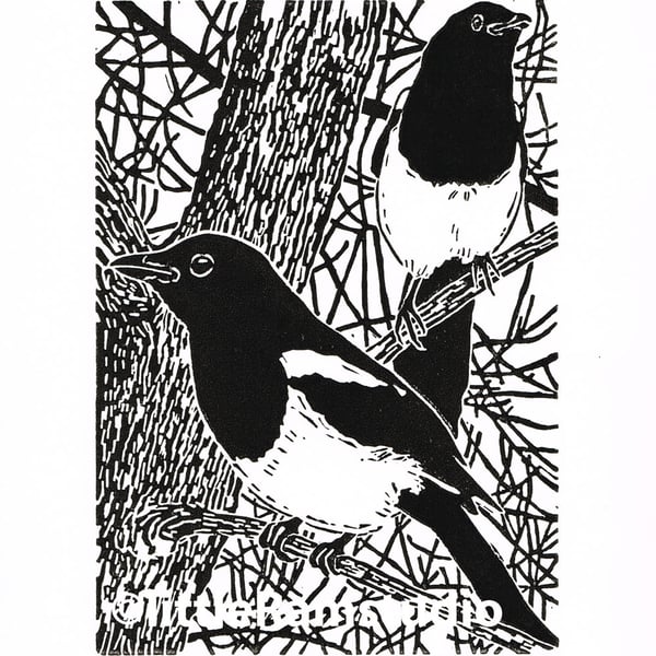 Magpies in the old Elm tree - Original Linocut Print