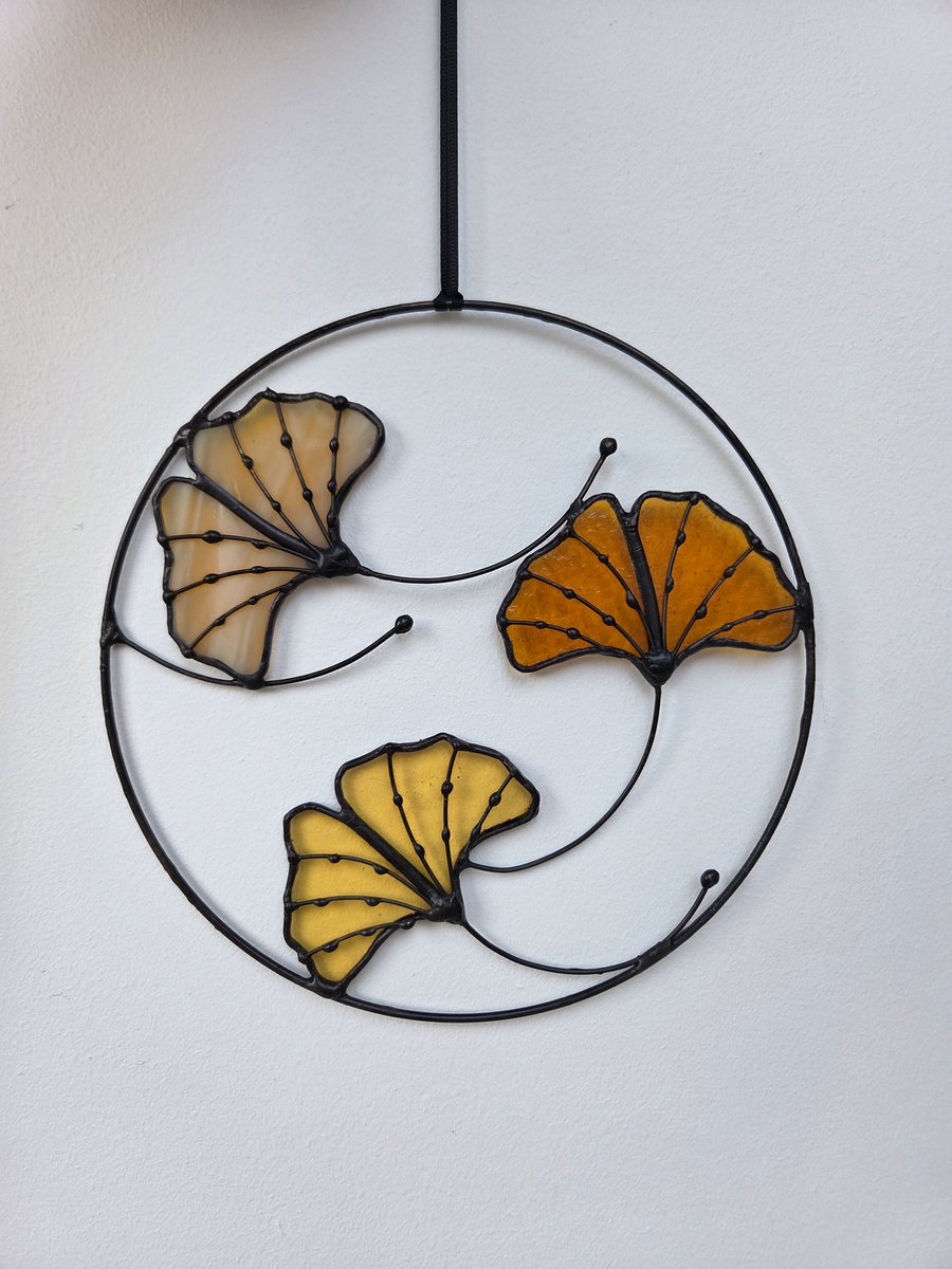 Handmade Stained Glass Amber Autumn Ginkgo Leaf Wall Hanging Gift
