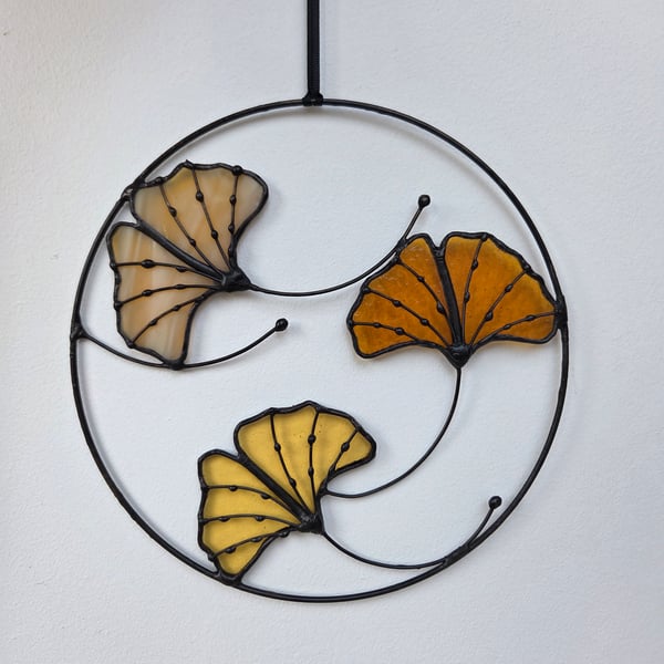 Handmade Stained Glass Amber Autumn Ginkgo Leaf Wall Hanging Gift